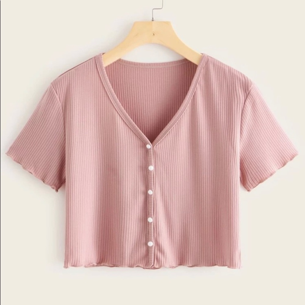 ROMWE Solid Button Up V - Neck Ribbed Tee